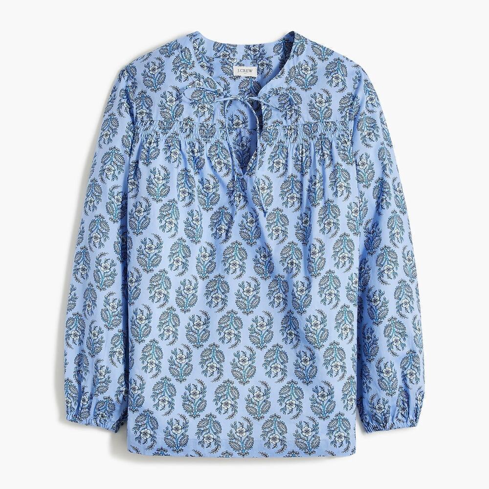 J Crew 100% Cotton Popover Split Neck Peasant Blouse Blue Floral Sz L
